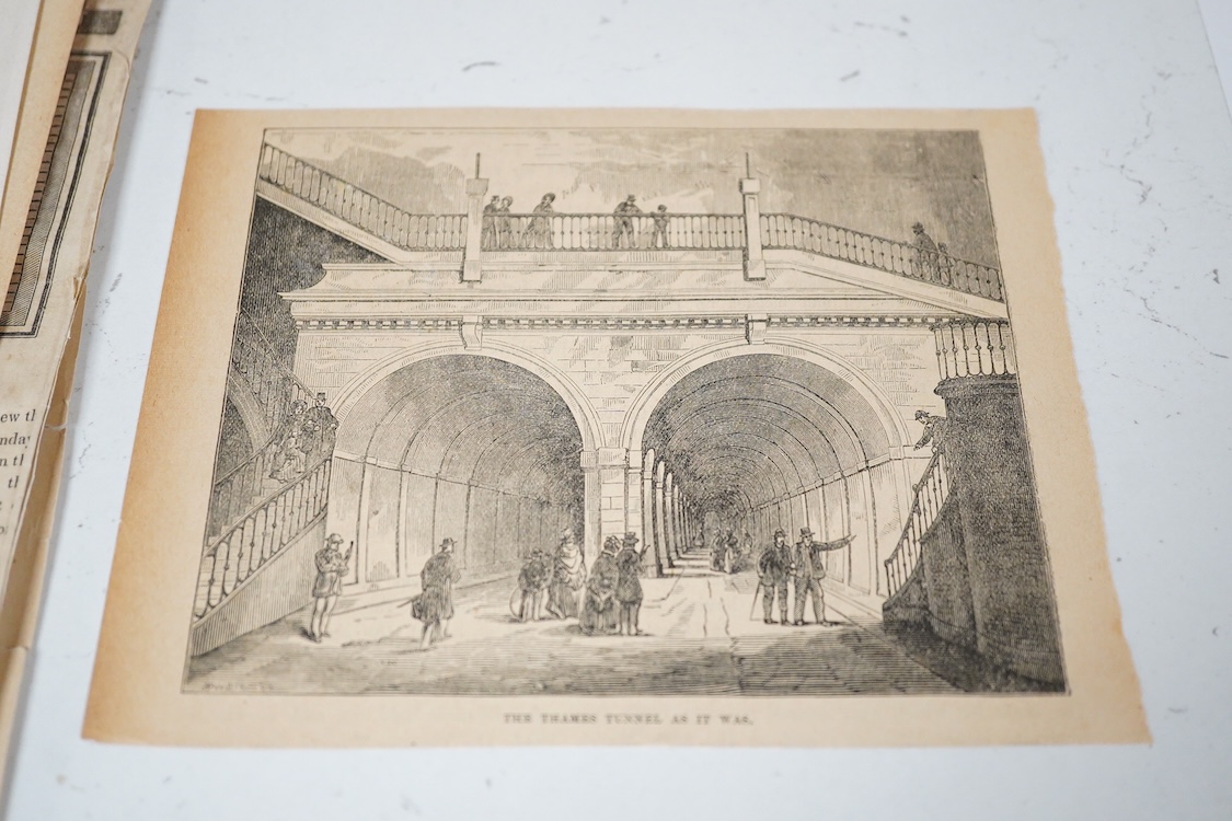 A collection of early to mid 19th century newspaper cuttings and engravings related to Marc Brunel’s Thames Tunnel, including contemporary reports and French reports, The Mirror, dated Saturday May 22, 1824, a contempora